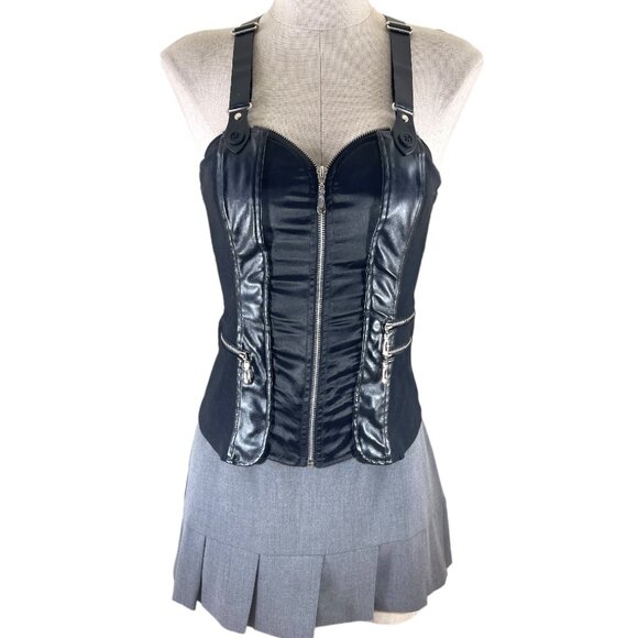 Oh Yes Suspender Back Zip Up Front Black Bustier Corset Top 3 zip pockets Size M - Picture 1 of 8
